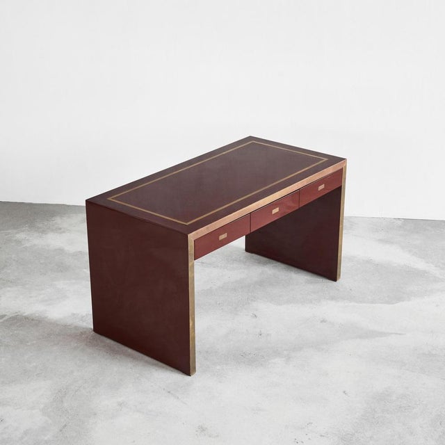 Jean Claude Mahey Desk in Lacquered Wood & Brass, Paris, France, 1970s. This is a wonderful desk / table / vanity table in...