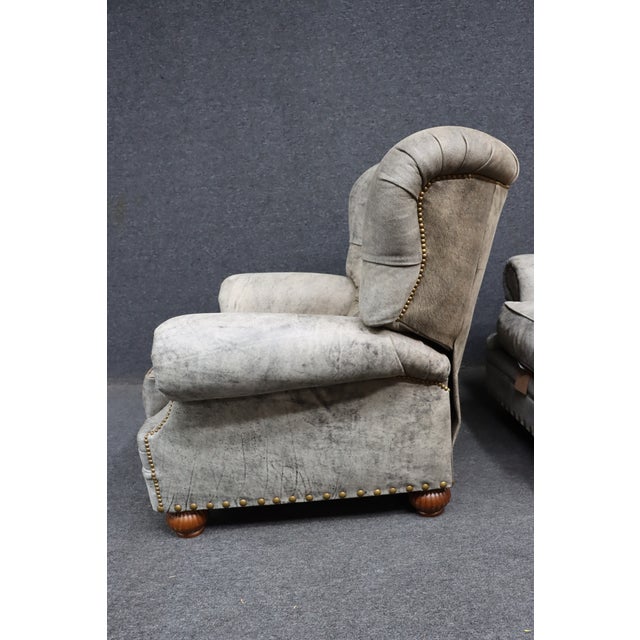 Pair of Leathercraft Inc. Distressed Gray Tufted Leather Recliner Club Chairs For Sale - Image 12 of 18