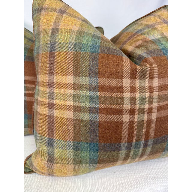 Custom pair of 22" pillows covered in Wells Abbot "Ballantrae Plaid" in color lichen. These pillows are self welted, have...