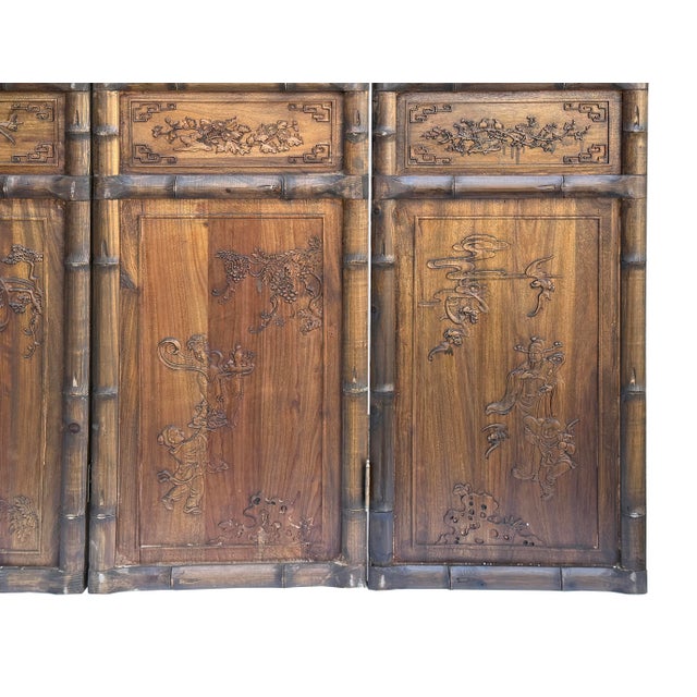 Vintage Finish Openwork Figural 4 Panels Wood Floor Screen Room Divider For Sale - Image 12 of 13