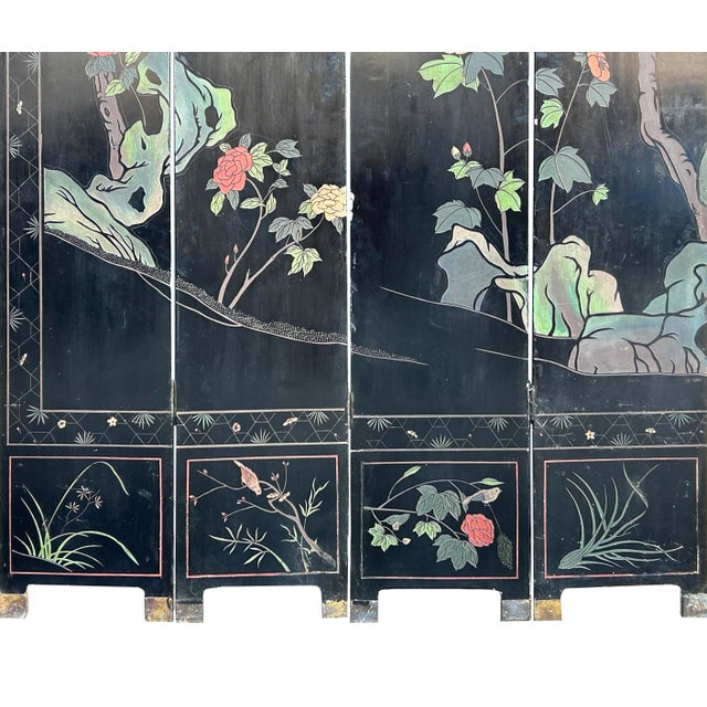 Wood Vintage Chinese Coromandel Lacquer Court House Theme 8 Panel Screen For Sale - Image 7 of 12