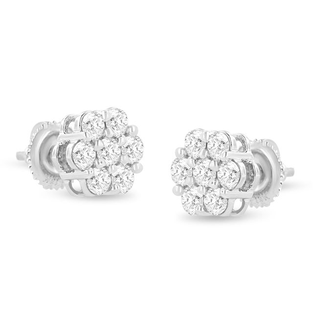 14K White Gold 1.0 Cttw Prong Set Round-Cut Diamond Floral Stud Earrings (H-I Color, I1-I2 Clarity) For Sale - Image 4 of 6