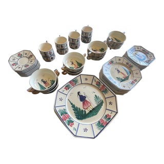 Vintage French Henriot Quimper Dinnerware Set in Off White- 53 Pieces For Sale