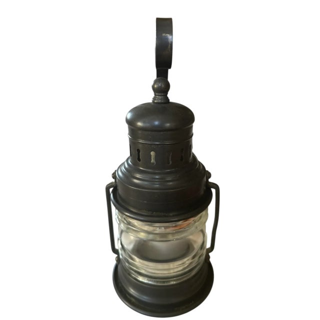 American Circa 1939’s Outdoor Porch Lantern With Original Bronze Patina For Sale - Image 3 of 5