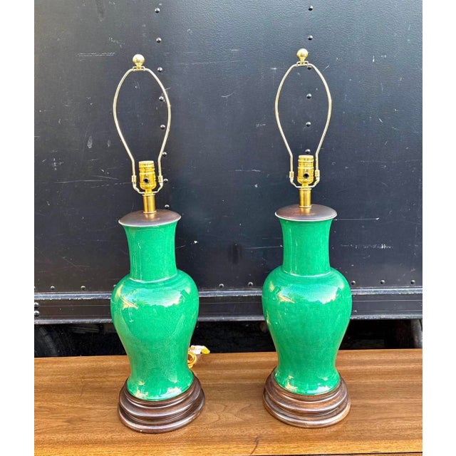 Wood Beautiful Pair of Frederick Cooper Emerald Green Crystalline Glazed Ceramic Table Lamps For Sale - Image 7 of 7