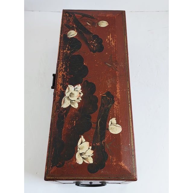 Brick Red Vintage Leather Handpainted Chinese Box For Sale - Image 8 of 12