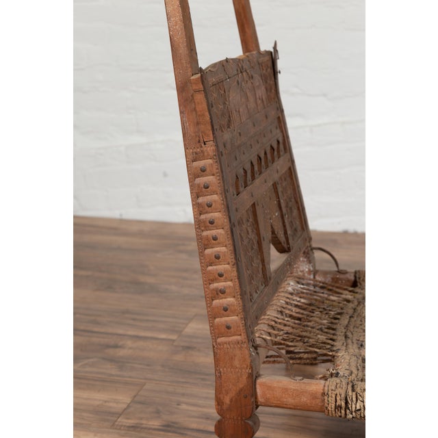 Rustic Indian Low Wooden Chair With Rope Seat and Weathered Appearance For Sale - Image 15 of 16