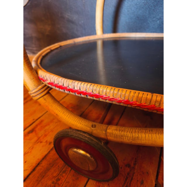 Mid-Century Rolling Rattan Bamboo Coffee Table, 1950s For Sale - Image 4 of 4
