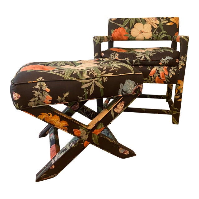 Mid 20th Century Set of 2 Modern Floral Parsons Chair and X-Bench Footstool In the Style of Milo Baughman For Sale