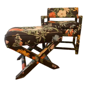 Mid 20th Century Set of 2 Modern Floral Parsons Chair and X-Bench Footstool In the Style of Milo Baughman