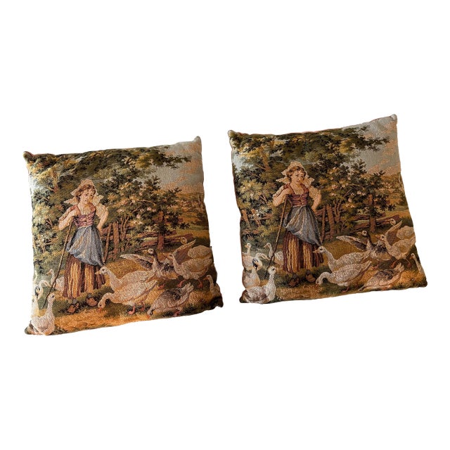 1990s Tapestry Girl and Goose Pillows with Velvet Backs- Set of 2 For Sale