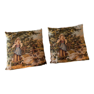 1990s Tapestry Girl and Goose Pillows with Velvet Backs- Set of 2