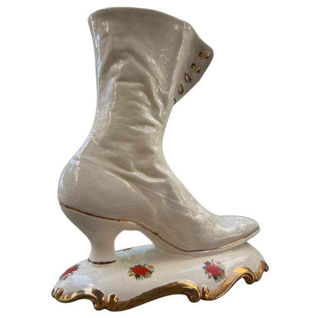 Large Vintage Porcelain Victorian-Style Boot | White & Gold Floral High-Heel Shoe Sculpture For Sale - Image 4 of 6