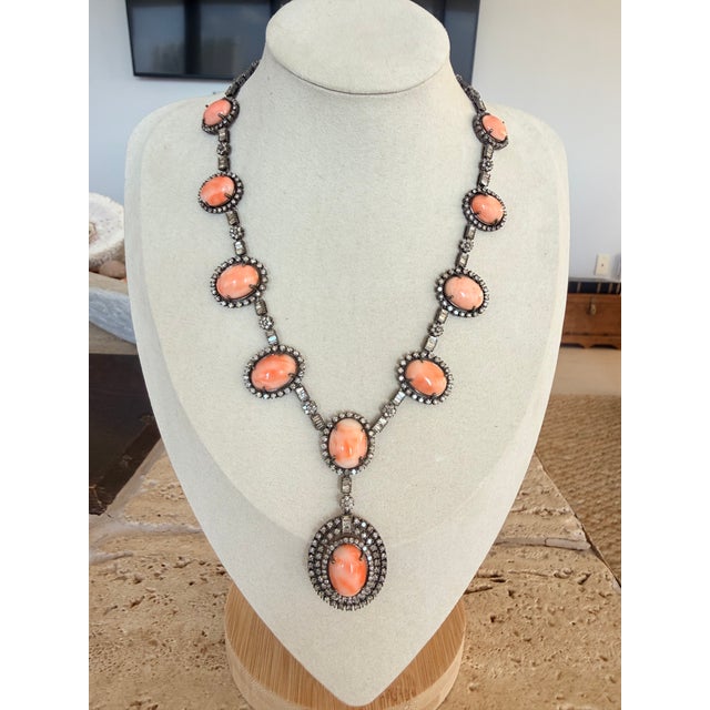 Indian Coral and Diamond Necklace in Oxidized Silver and 14k Gold, C. 1980 For Sale - Image 4 of 11