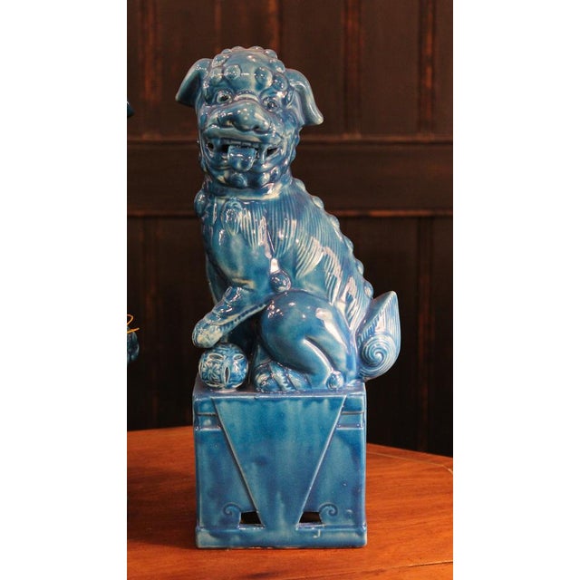 Blue Foo Dog-Shaped Bookends in Turquoise Glazed Ceramic, 1970s, Set of 2 For Sale - Image 8 of 11