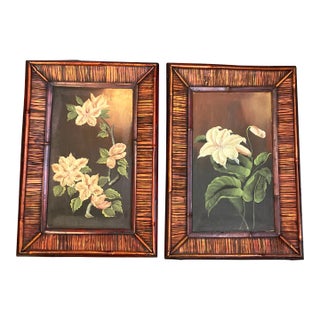 1980s 2 Original Floral Paintings in Rattan / Bamboo Frames- Set of Two For Sale