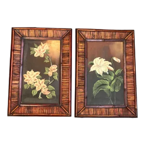 1980s 2 Original Floral Paintings in Rattan / Bamboo Frames- Set of Two