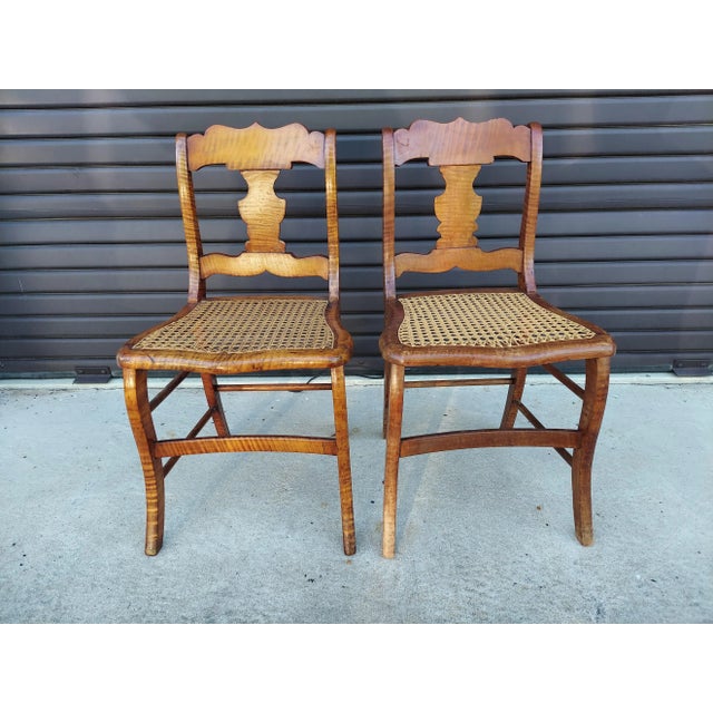 Wood Matching Pair of Antique Tiger Maple Chairs With Cane Seats For Sale - Image 7 of 17