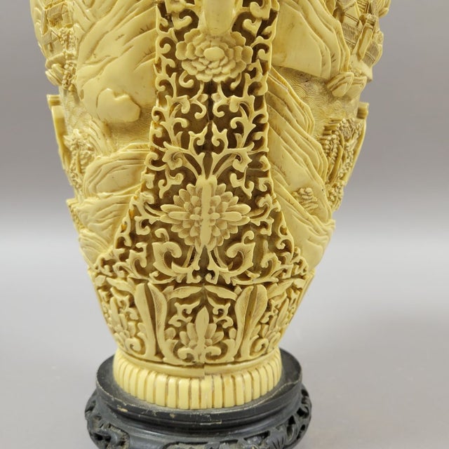 Ornamental & Decorative Materials Hollywood Regency Chinoiserie Carved Italian Faux Ivory Vase With Elephant Handles For Sale - Image 7 of 10