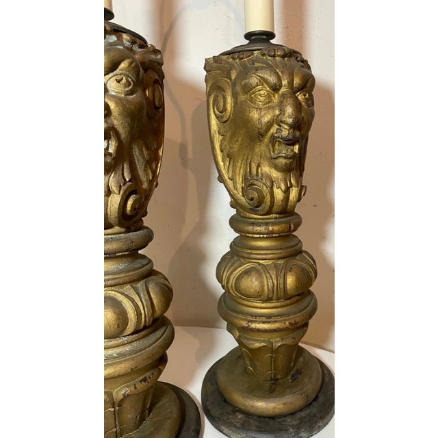 Pair Antique Large Hand Carved Victorian Wood Architectural Salvage Table Lamps For Sale - Image 9 of 14
