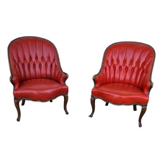 Pair of Vintage Red Tufted Armchairs For Sale