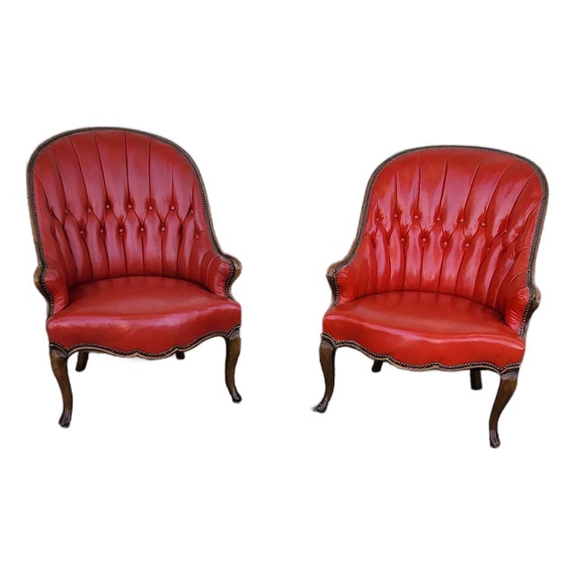 Pair of Vintage Red Tufted Armchairs For Sale