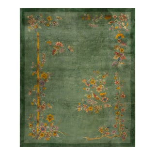 1920s Green Floral Bamboo Antique Chinese Art Deco Carpet 7' 10'' X 9' 7'' Knotted Wool Rug For Sale