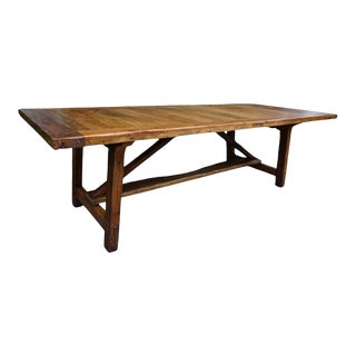 Early 20th Century Early American Chestnut Trestle Farm Table For Sale