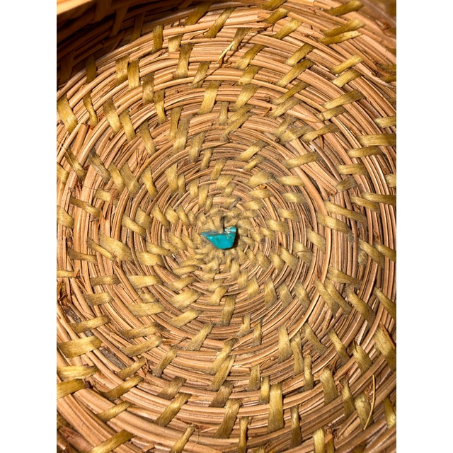 Native American Folk Art Handwoven Pine Needle Trinket Basket With Turquoise Accent For Sale - Image 4 of 7
