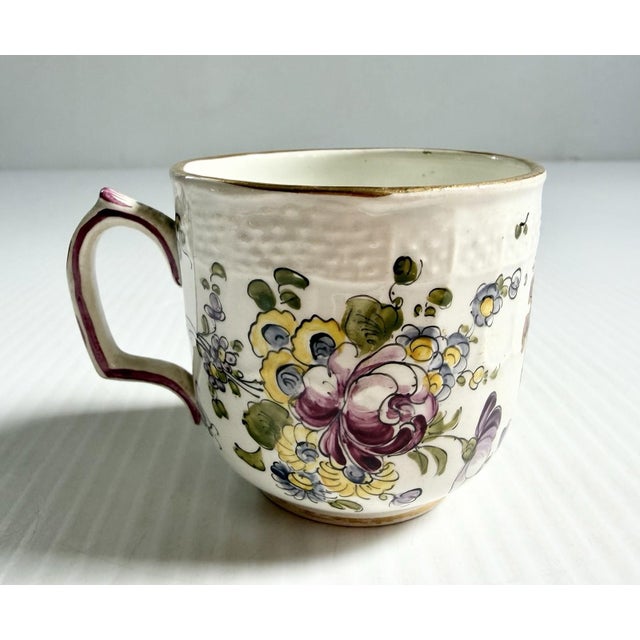 Late 19th Century Antique Armorial Pearlware Porcelain Teacup Demitasse, Hand Painted Flowers & Crest For Sale - Image 5 of 12