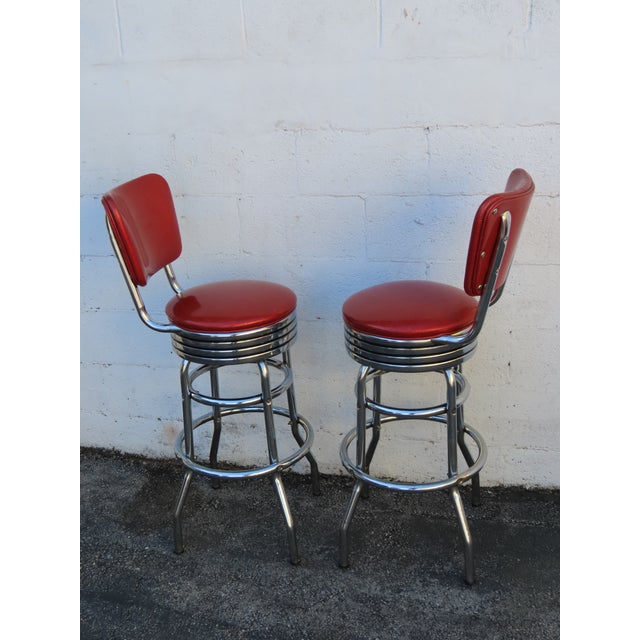 Mid-Century Modern Retro Mid Century Modern Swivel Red Vinyl and Chrome Barstools 6350 For Sale - Image 3 of 18