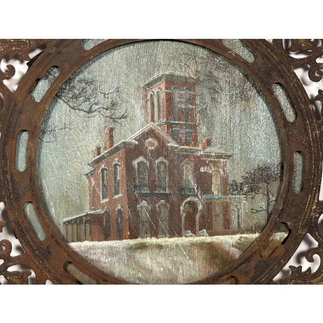 Folk Art Architectural Painting Framed in Antique Stove Pipe Collar For Sale - Image 4 of 10