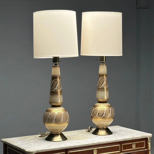 Mid-Century Modern Italian Mid-Century Modern, Large Table Lamps, Gold Glass, Brass, Italy, 1960s For Sale - Image 3 of 11