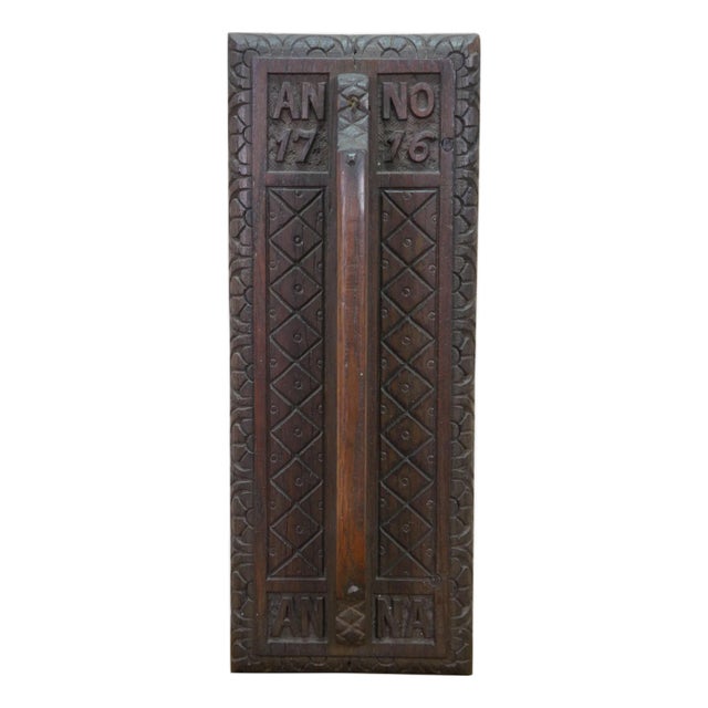 Antique Folk Art Anno 1716 Geometric Carved Oak Door Handle Wall Plaque 19" For Sale