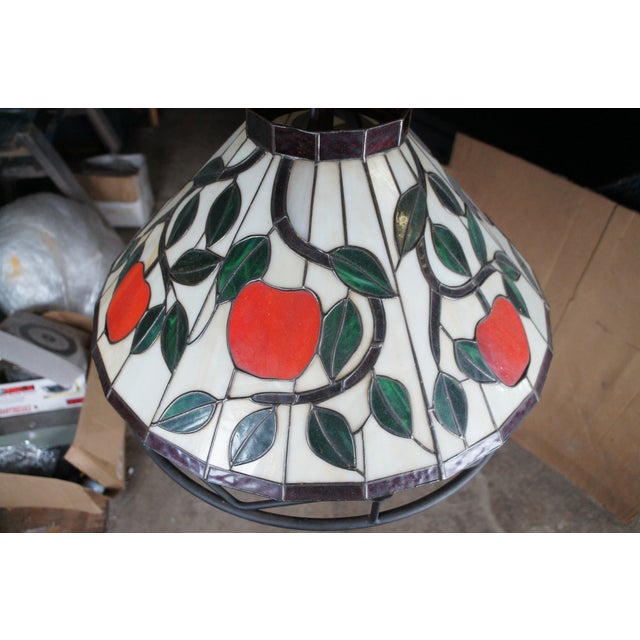 Tiffany Style Iron & Leaded Stained Glass Apple Vine Motif Pendant Light Lamp For Sale - Image 11 of 11