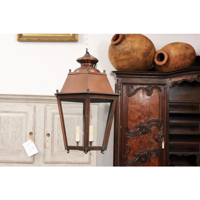 French Copper Three-Light Hexagonal Lanterns with Glass Panels, US Wired - A Pair For Sale - Image 4 of 12
