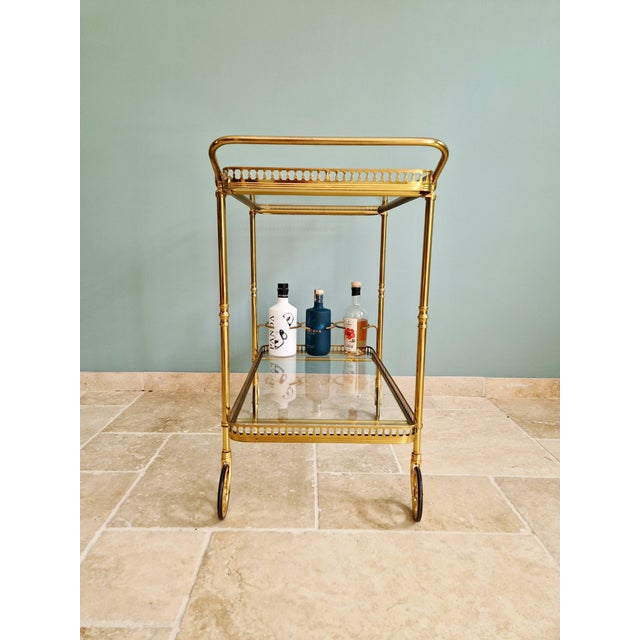 Metal Mid-Century Rolling Serving Cart in Openwork Brass and Glass, 1960s For Sale - Image 7 of 9
