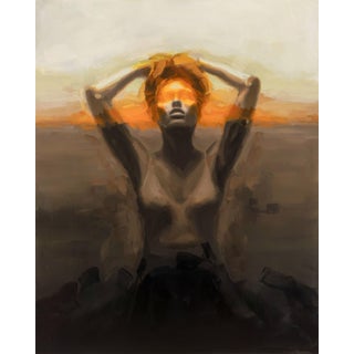 Ascend by Josh Sorrell | Oil on panel Woman with hands on head against a sunset background. For Sale