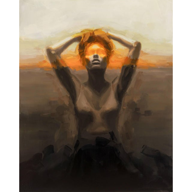 Ascend by Josh Sorrell | Oil on panel Woman with hands on head against a sunset background. For Sale