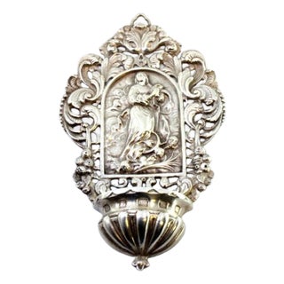 Cut-Out Holy Water Font with Virgin, Angels and Floral Reliefs For Sale