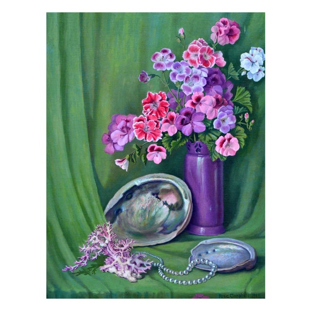 Still life with geraniums and abalone shells by Rose Lillian Campbell (American, 1888-1965). Presented in a wood frame....