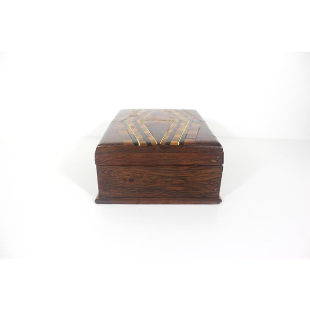 Victorian Antique Wood Inlay Box, Hinged Lid Exotic Wood, Brown Inlaid Trinket, Jewelry, Stash For Sale - Image 3 of 12