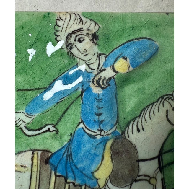 1930s Antique Hand Painted Middle Eastern Equestrian Hunter Pottery Majolica Wall Tile For Sale - Image 5 of 10