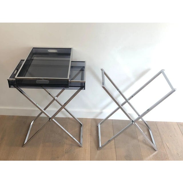 Chrome 1970s Chrome Base & Blueish Lucite Top Folding Side Tables - A Pair For Sale - Image 8 of 13
