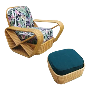 Restored Paul Frankl Style Six-Strand Square Pretzel Rattan Lounge Chair & Ottoman
