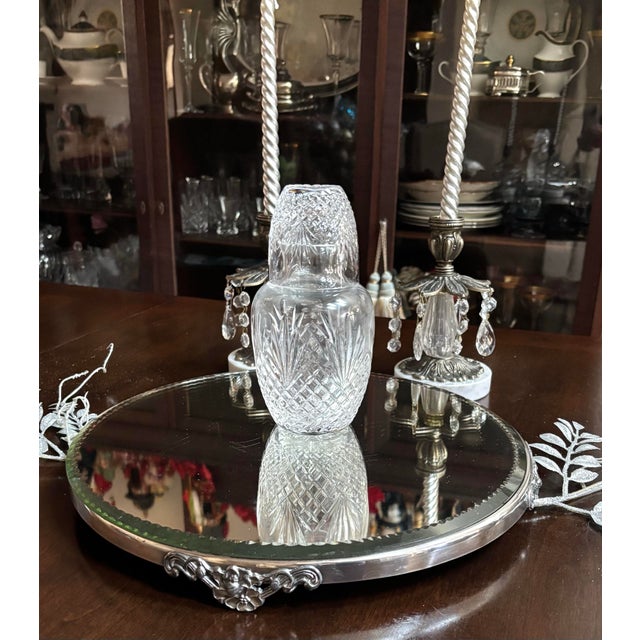 Beautiful Vintage 14” Mirror Glass Plateau Stand Tray With Floral SilverPlate Border For Sale - Image 10 of 10