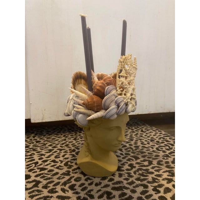 Goldenrod Shell-Encrusted Bust in Farrow & Ball “Duster” With Antique Chinese Carved Relic For Sale - Image 8 of 12