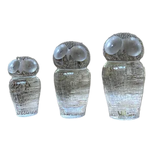 Set of 3 Vintage 1960's Kosta Boda Crystal Owl Paperweights Handblown by Vicke Lindstrand, Signed and Numbered