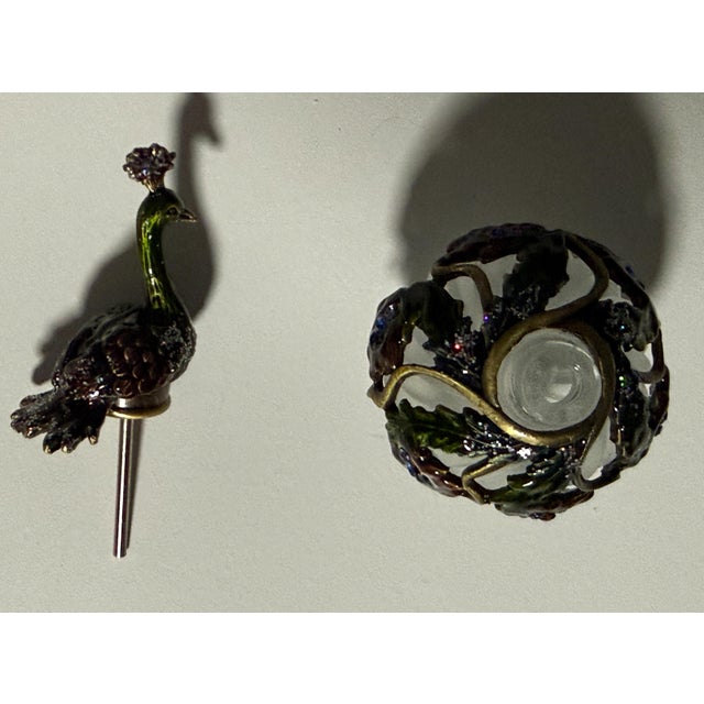 Metal 2006 Fitz and Floyd Guild Jeweled Peacock Perfume Bottle Frosted Glass For Sale - Image 7 of 12