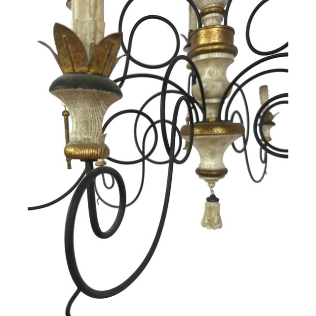 French Country 9-Light Wrought Iron Chandelier With Carved Wood Accents For Sale - Image 11 of 13